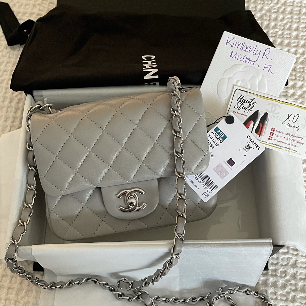 NEW 21B Chanel Grey Classic Mini Square SHW Lamb - Picture 2 of 14